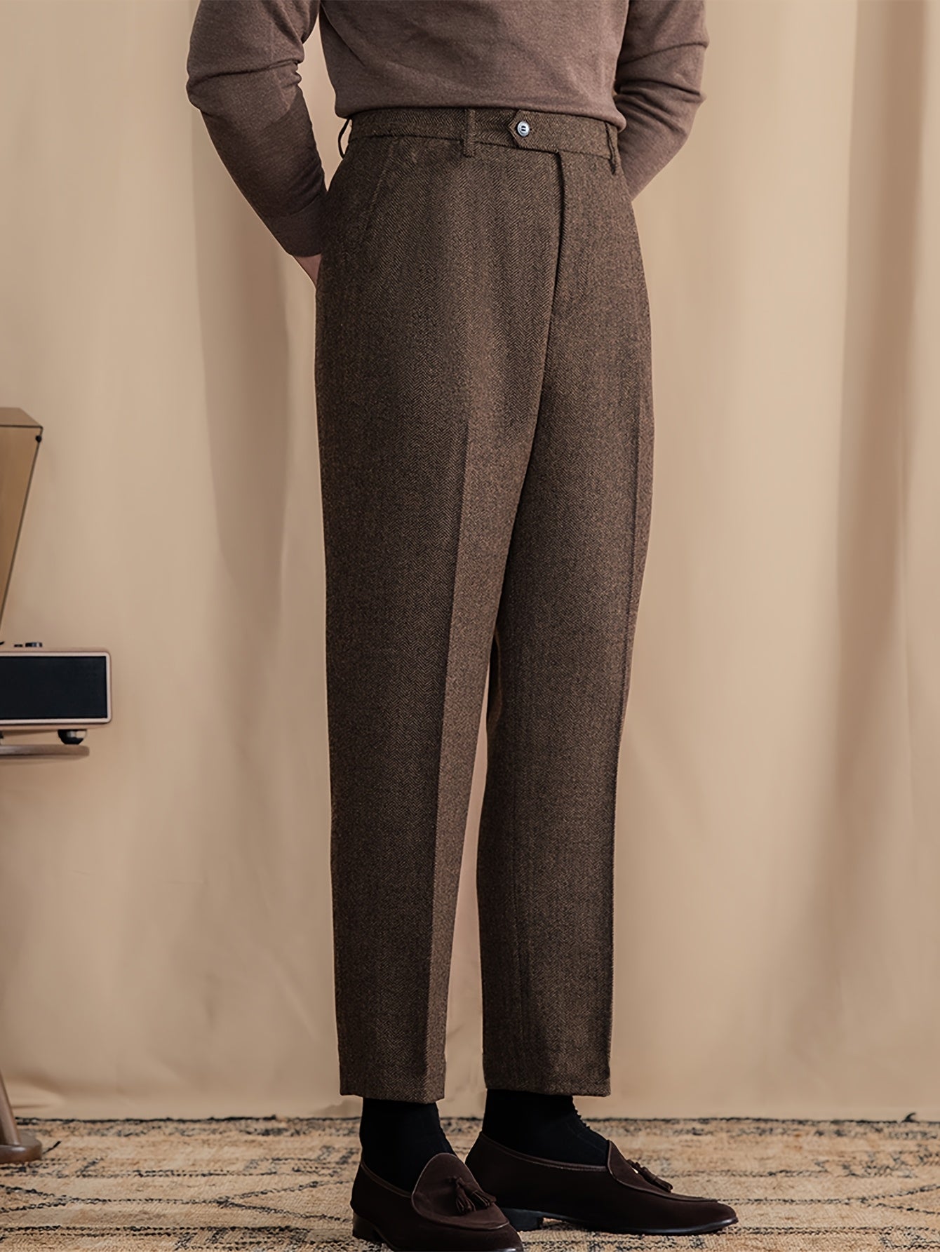 Lencensa - Pantalon Homme Chevrons Marron Coupe Classique