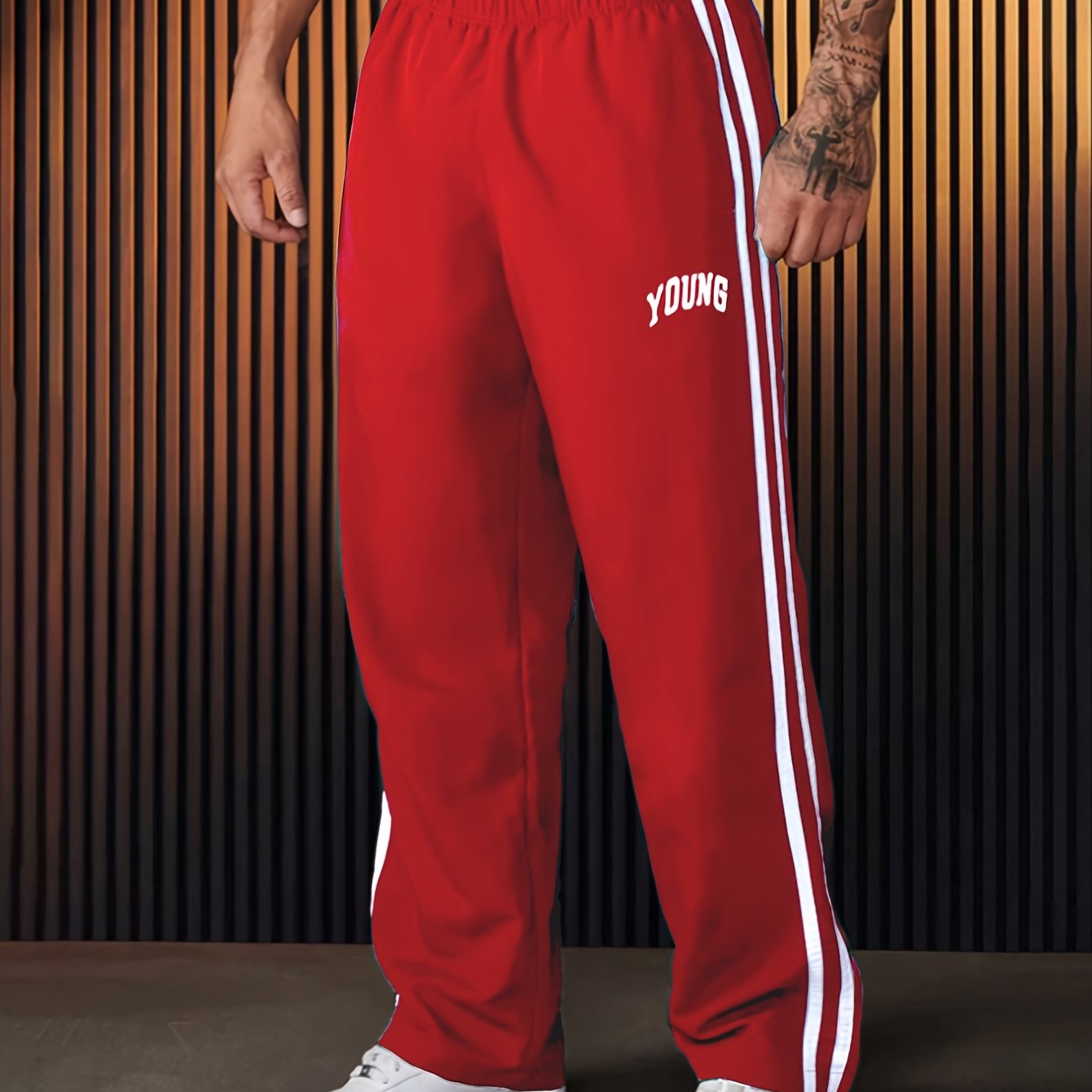 Joggers athlétiques légers pour hommes - Vert vibrant à rayures blanches, imprimé "JEUNE", coupe ample, taille à cordon de serrage, parfait pour la salle de sport, les vêtements décontractés ou le cadeau pour la famille et les amis, pantalon
