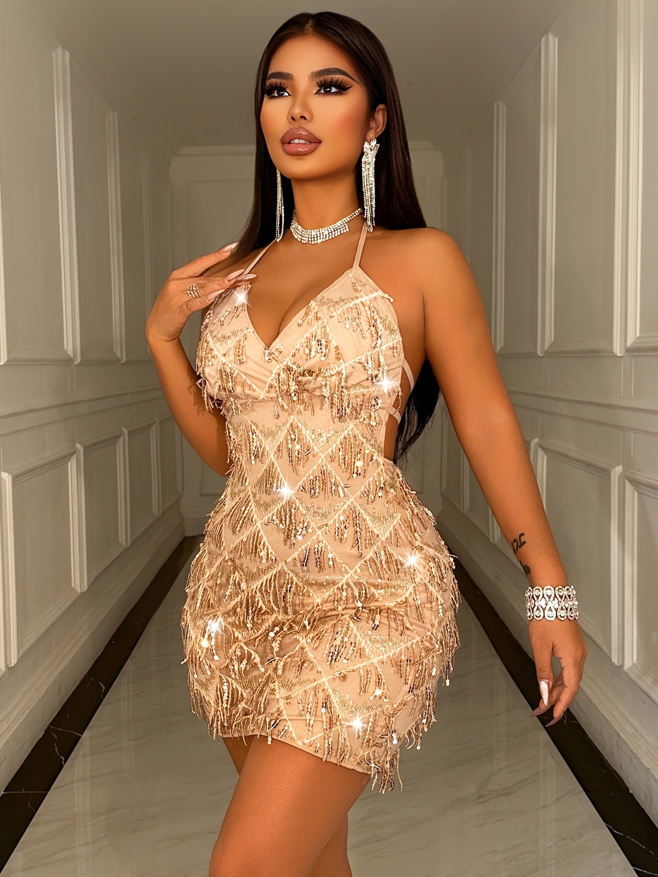 Lencensa - Robe Mini Sequins Halter Dos Nu Élégante