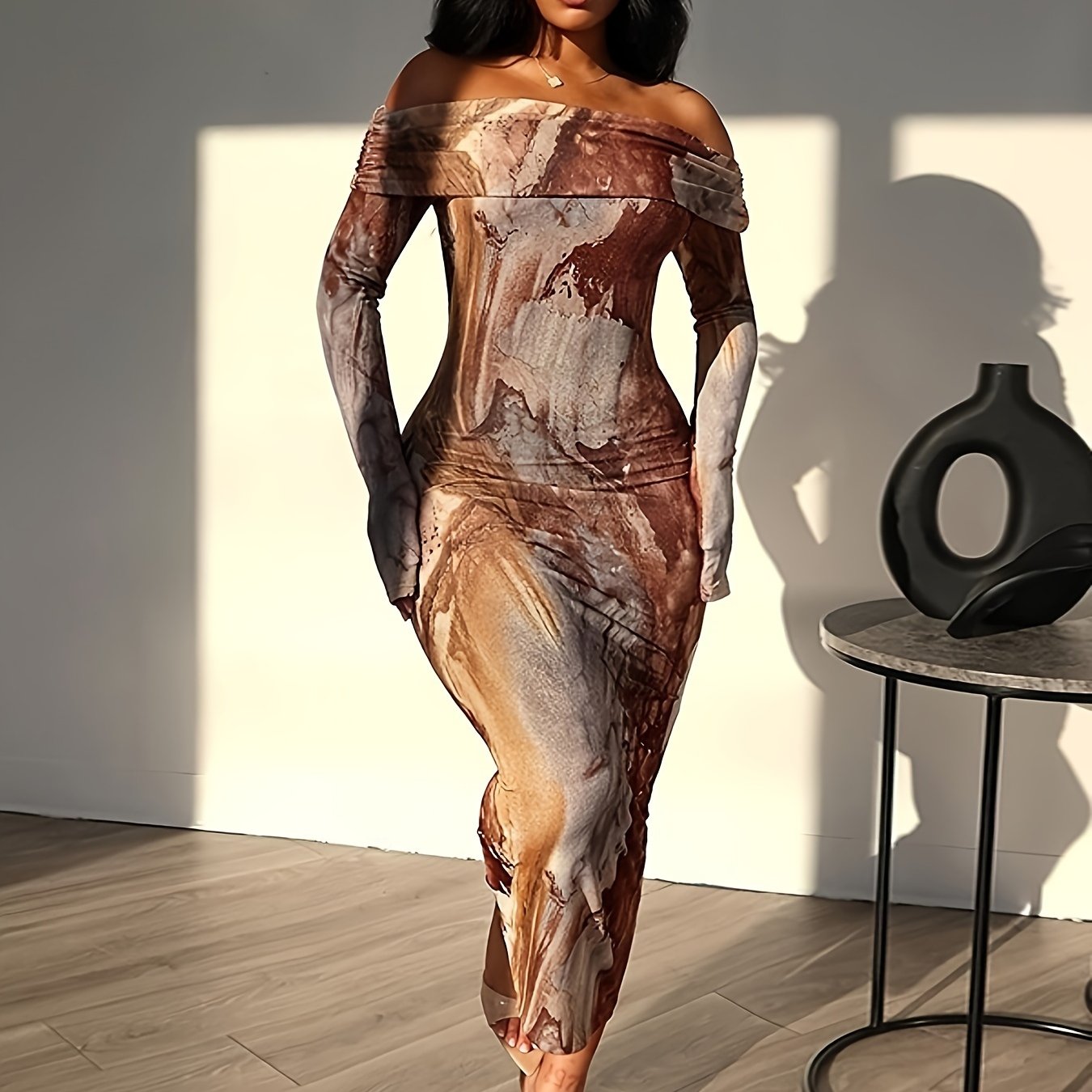 Lencensa - Robe Bodycon Épaules Nues Motif Marbré