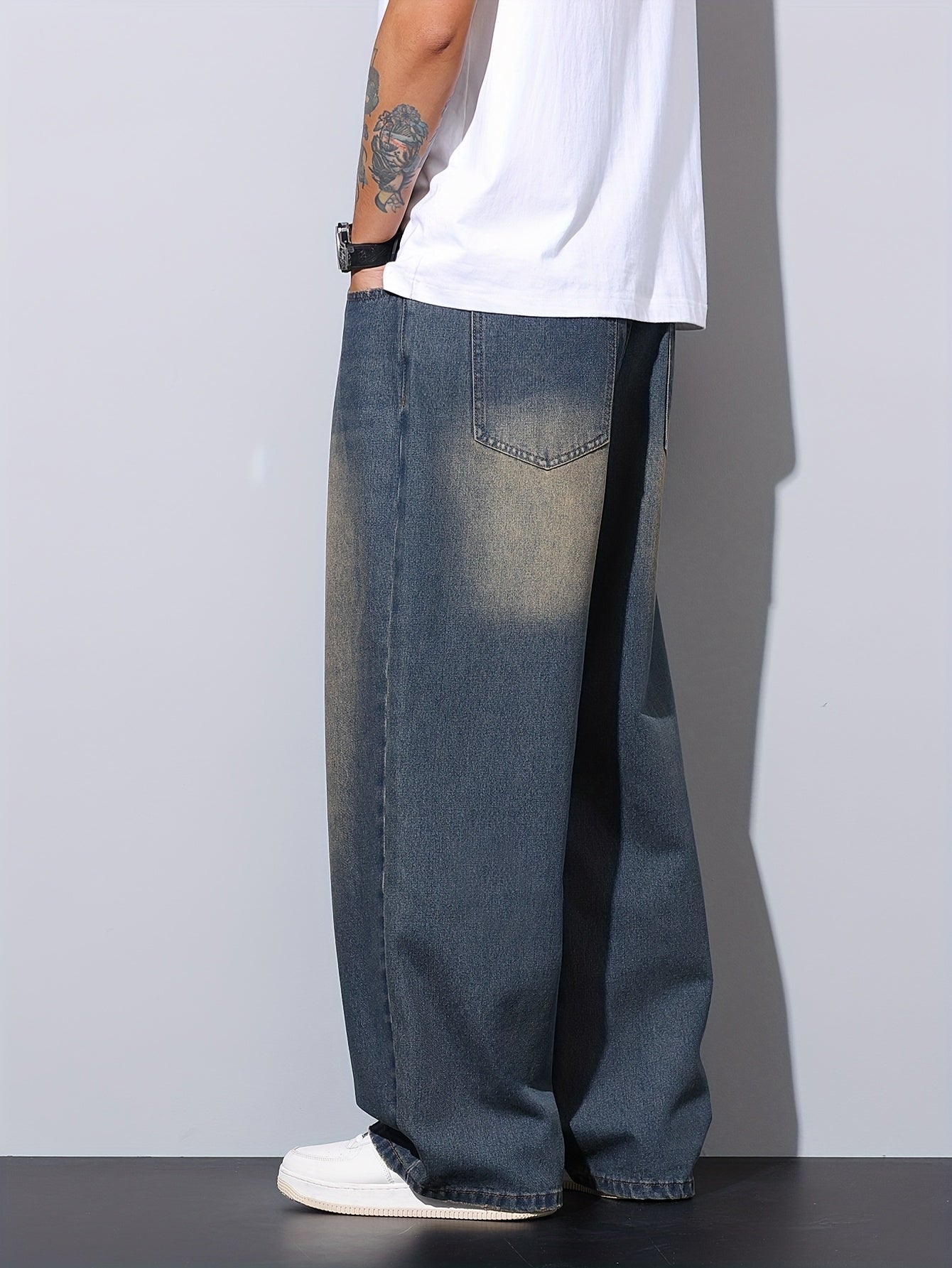 Jean Délavé Lencensa - Coupe Large Effet Usé Bleu Homme