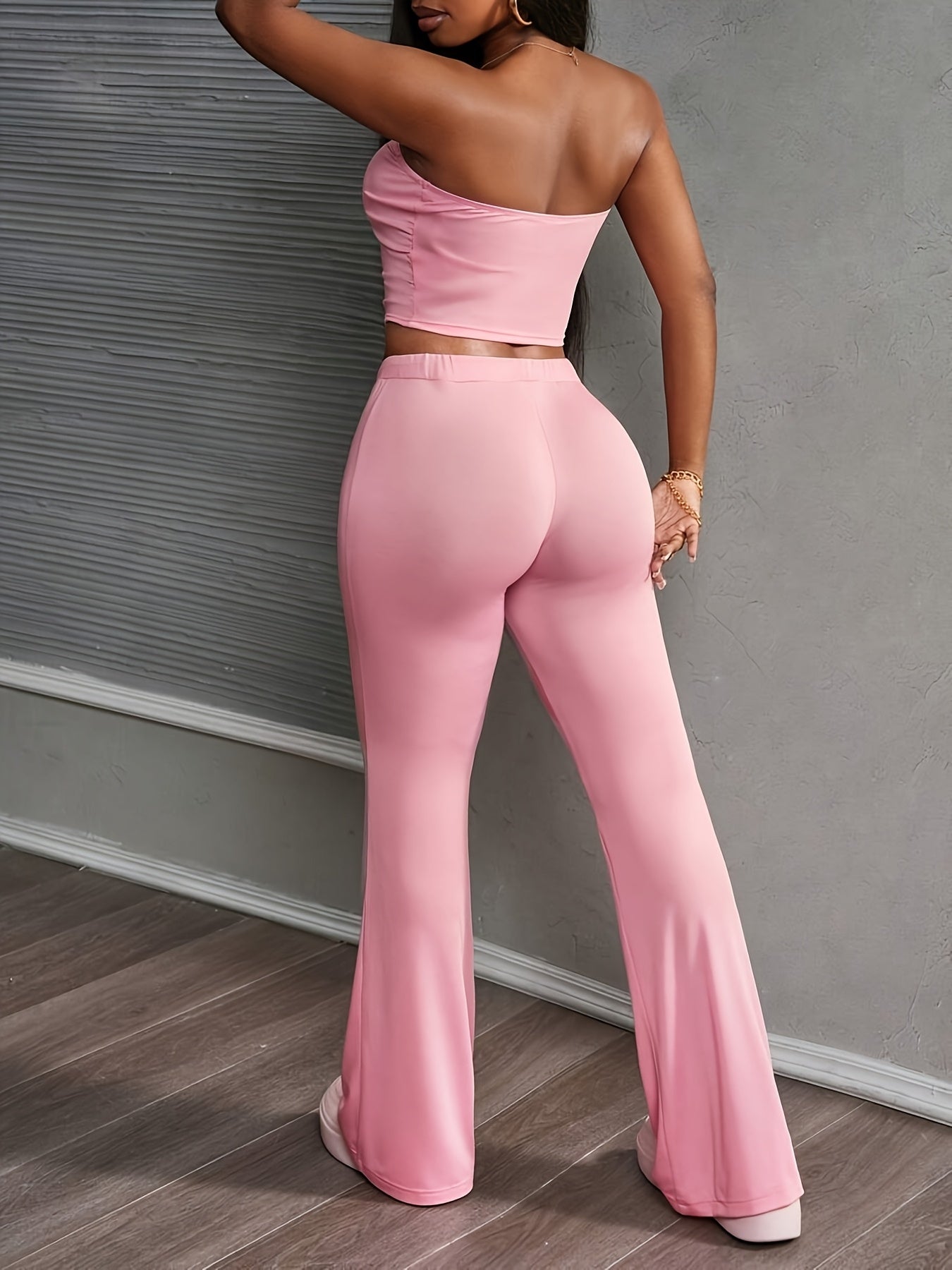 Lencensa - Ensemble Femme Crop Top Épaules Nues et Legging Rose