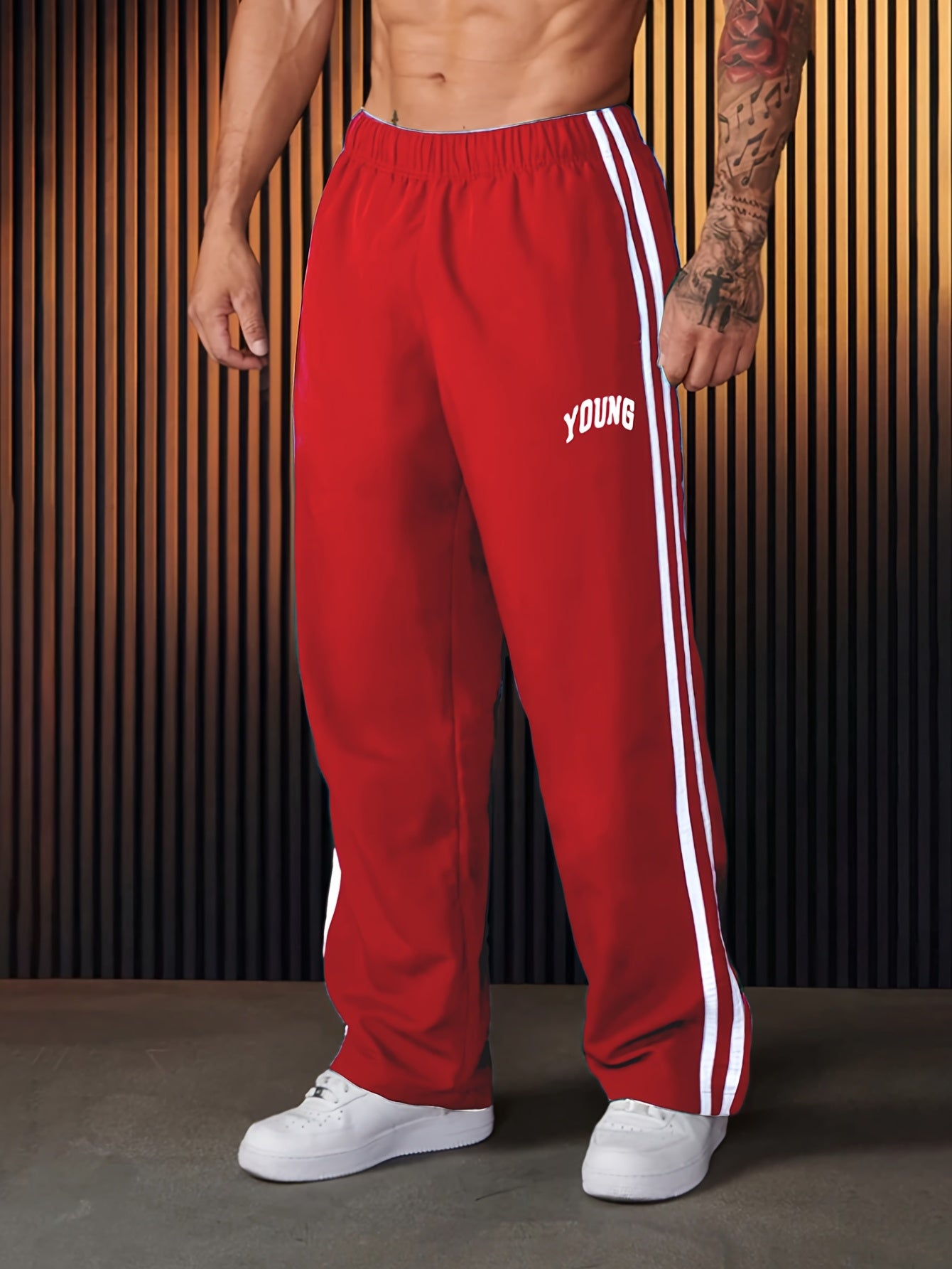 Joggers athlétiques légers pour hommes - Vert vibrant à rayures blanches, imprimé "JEUNE", coupe ample, taille à cordon de serrage, parfait pour la salle de sport, les vêtements décontractés ou le cadeau pour la famille et les amis, pantalon