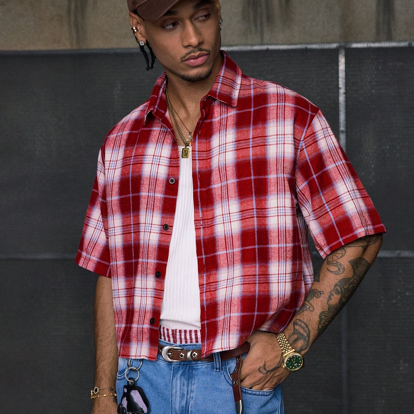 Lencensa - Chemise Homme Manches Courtes Carreaux Rouge et Blanc