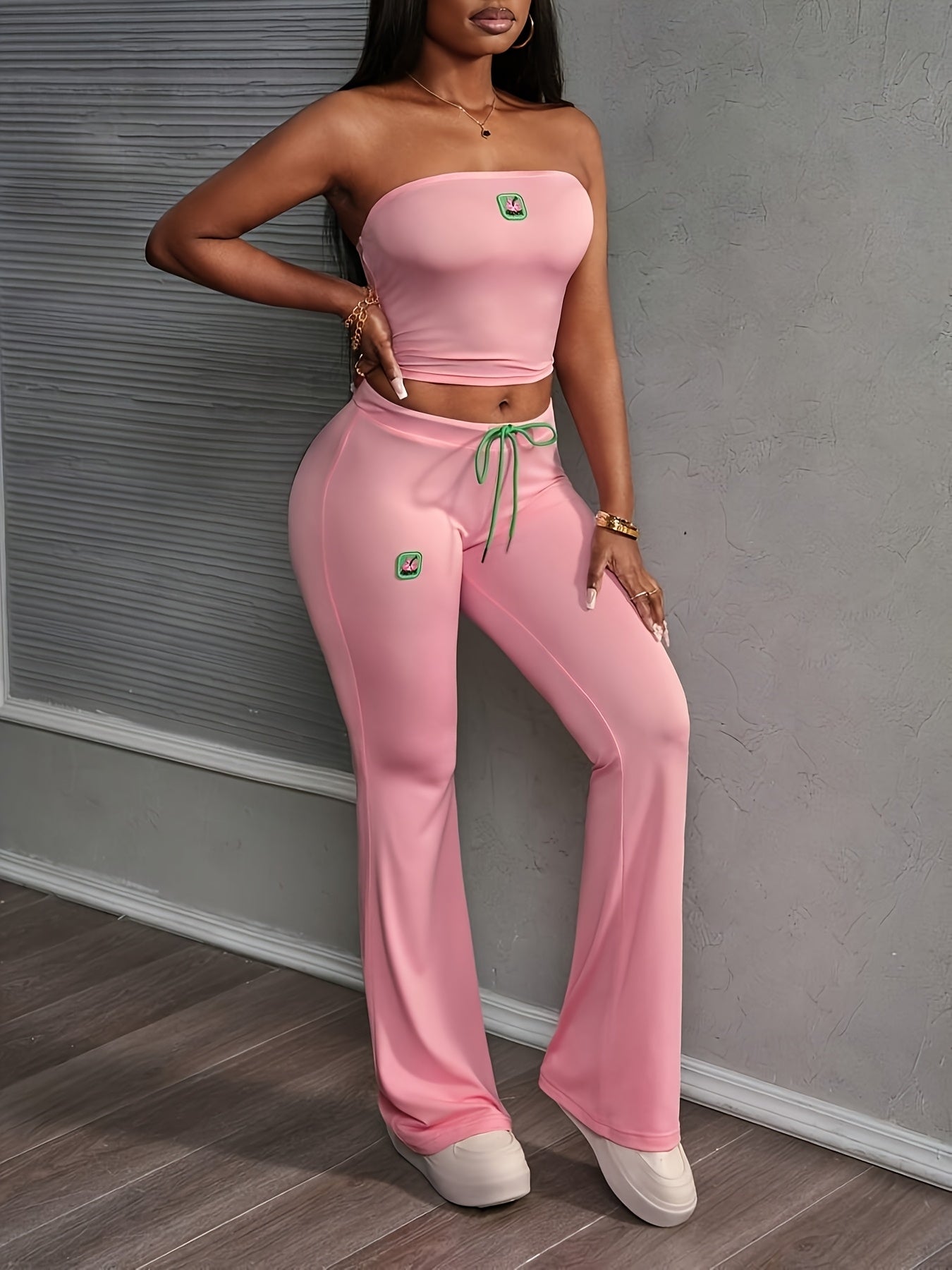 Lencensa - Ensemble Femme Crop Top Épaules Nues et Legging Rose
