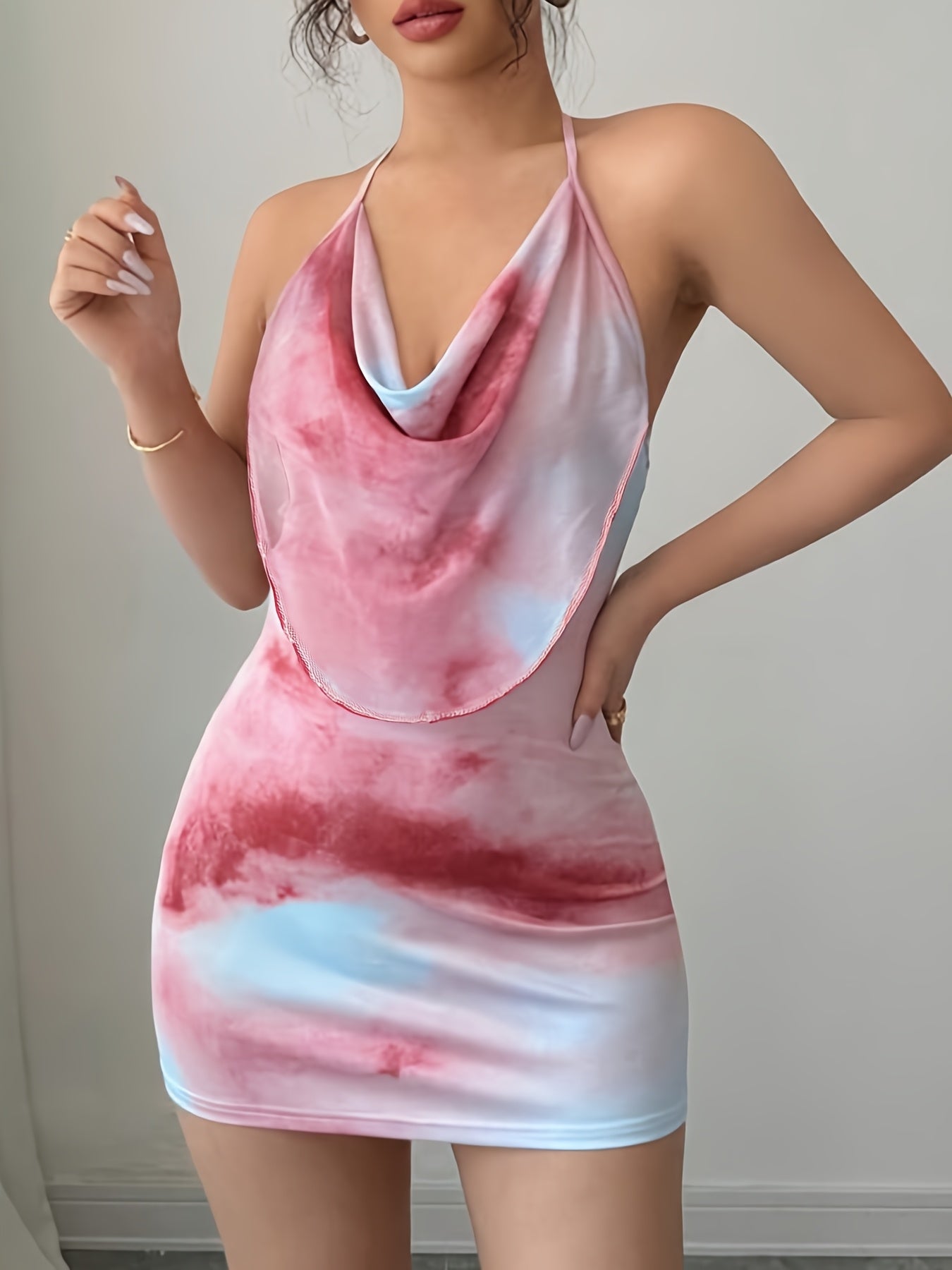 Lencensa - Robe Mini Tie-Dye Halter Sans Manches
