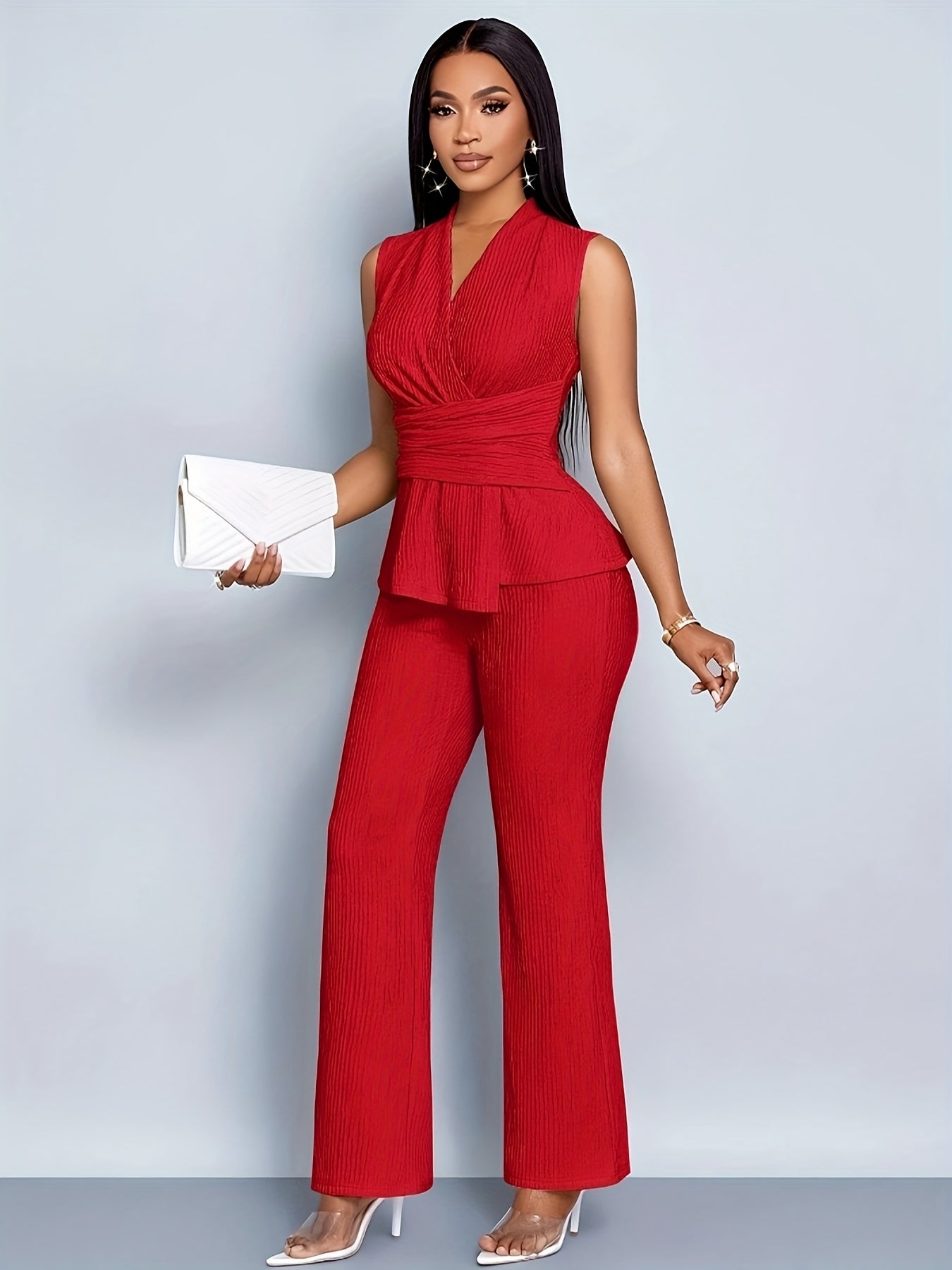 Lencensa - Ensemble Femme T-Shirt Col V et Pantalon Large