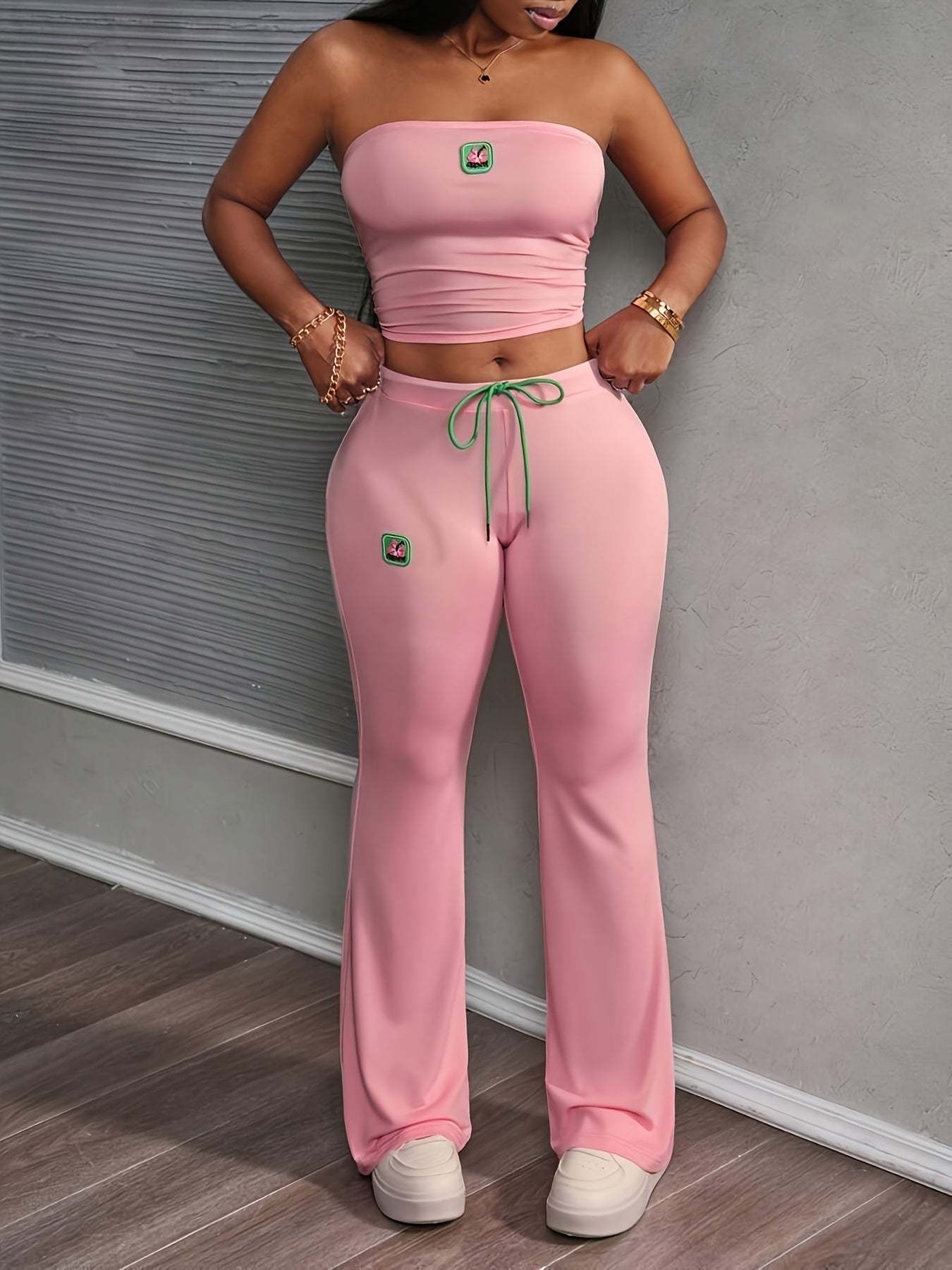 Lencensa - Ensemble Femme Crop Top Épaules Nues et Legging Rose