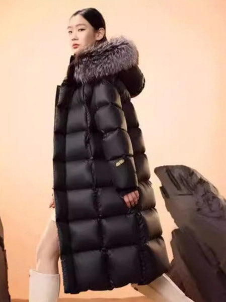 Veste en duvet d’oie noire élégante avec col en fourrure de renard - Lencensa