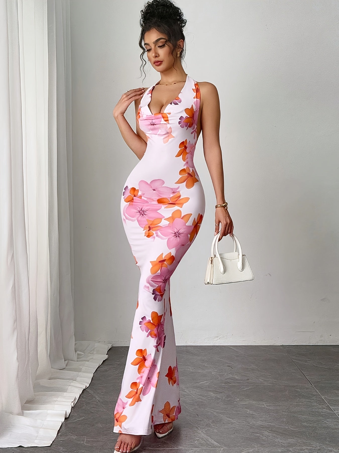 Lencensa - Robe Maxi Sirène Dos Nu Motif Floral