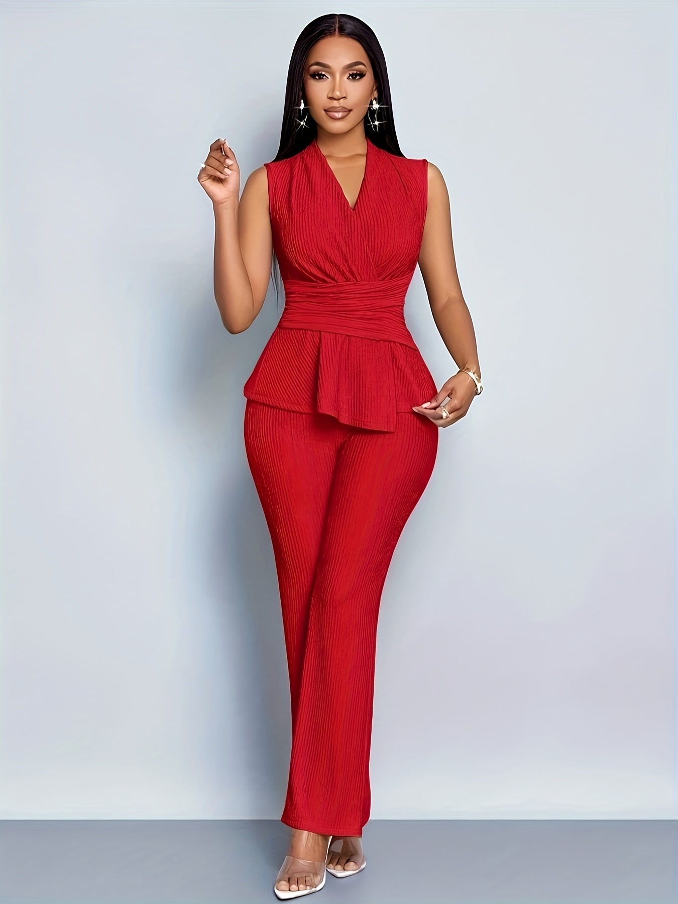 Lencensa - Ensemble Femme T-Shirt Col V et Pantalon Large