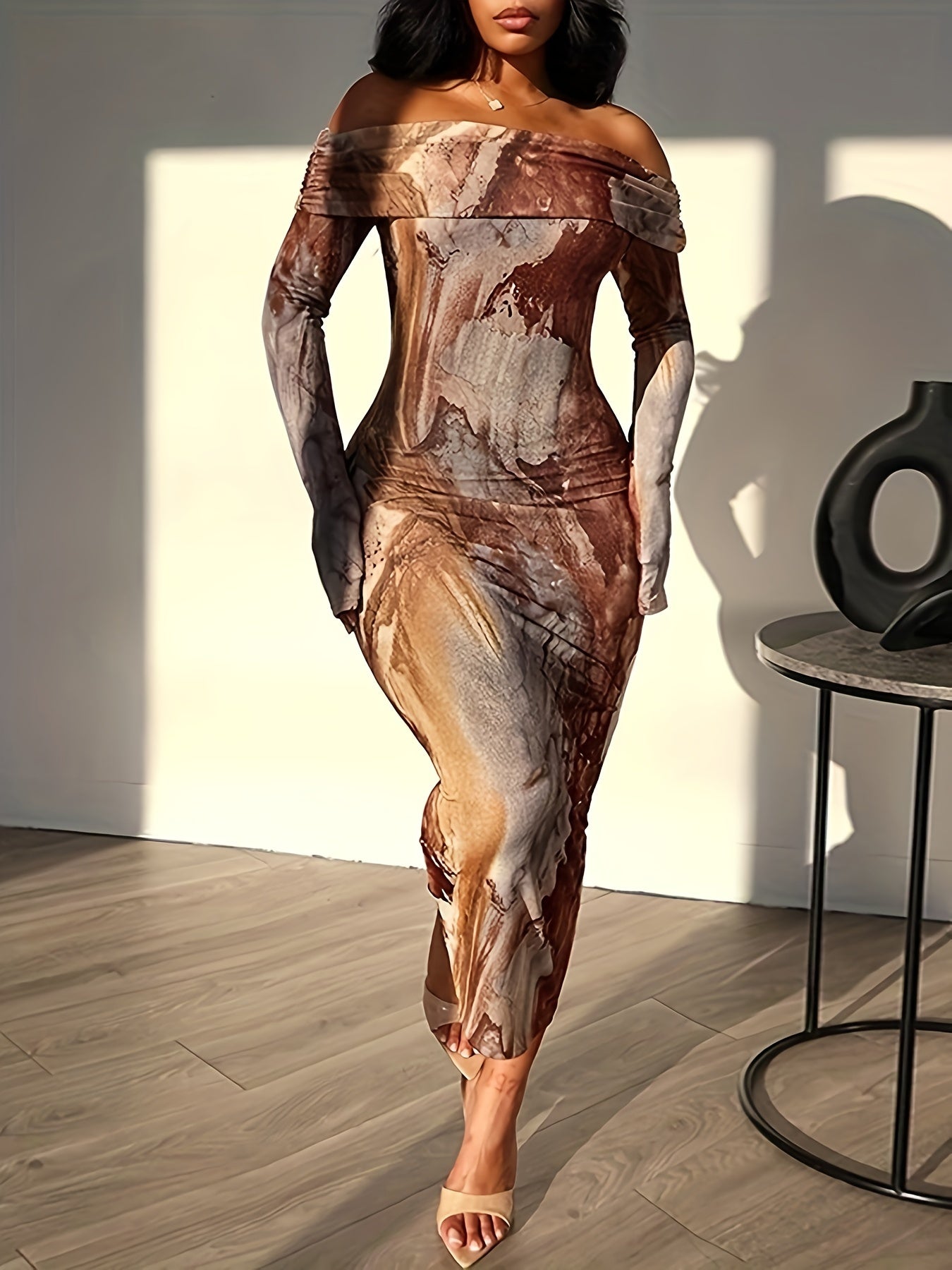 Lencensa - Robe Bodycon Épaules Nues Motif Marbré