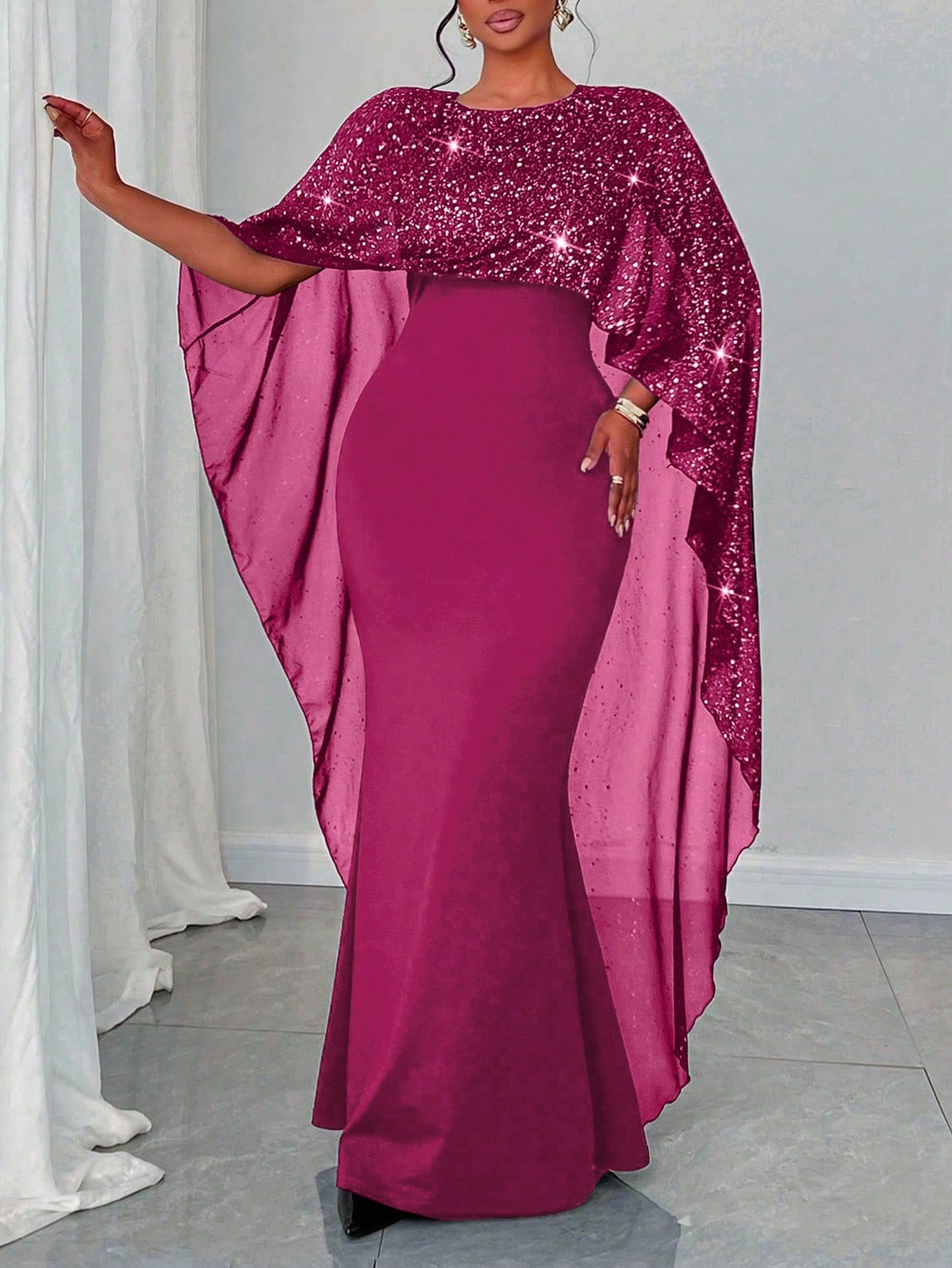 Robe Cape Sequins Lencensa - Sirène Noire Manches Fluides Femme