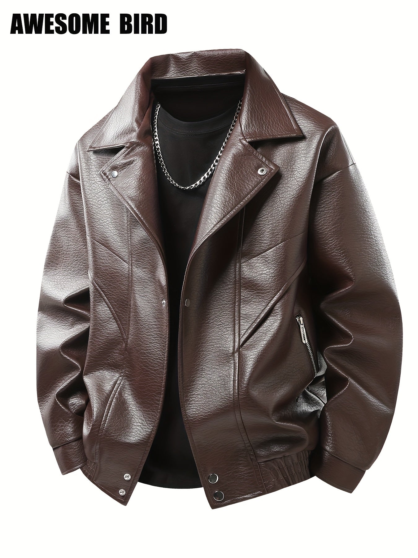 Lencensa - Veste Cuir PU Homme Marron Style urbain