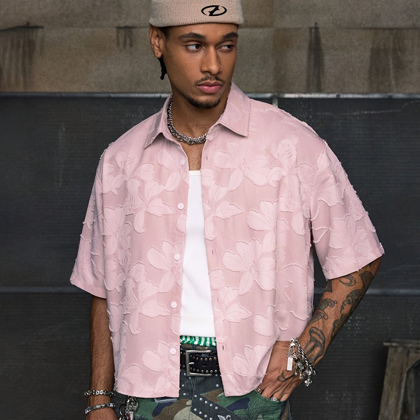 Lencensa - Chemise Homme Manches Courtes Motif Floral
