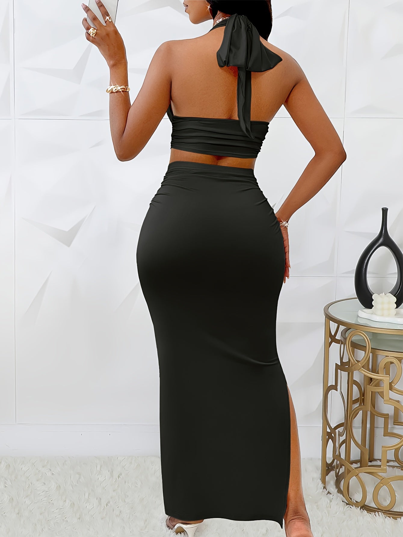 Lencensa - Ensemble Femme Top Halter et Jupe Taille Haute