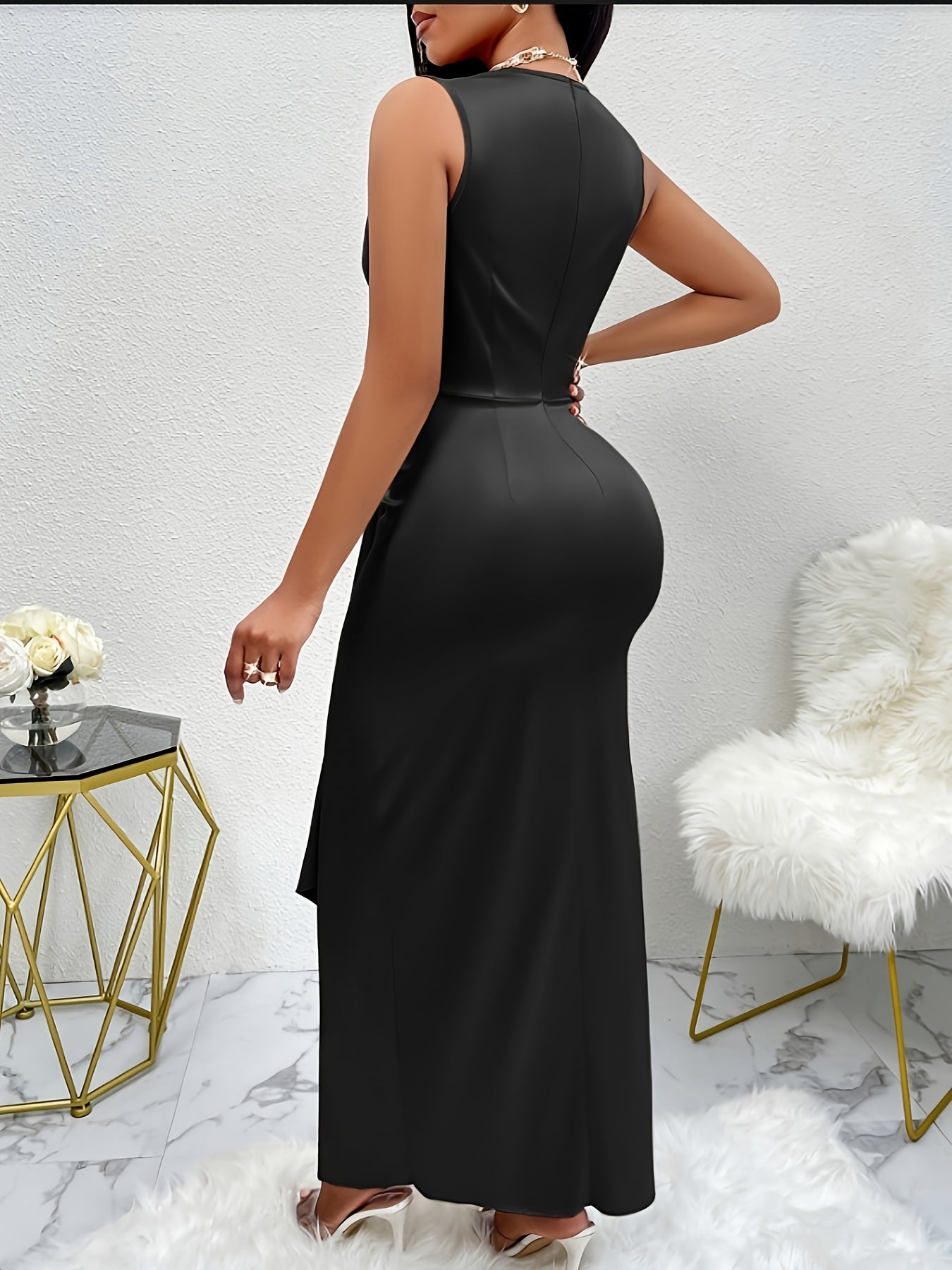 Lencensa - Robe Sans Manches Plissée Ourlet Asymétrique