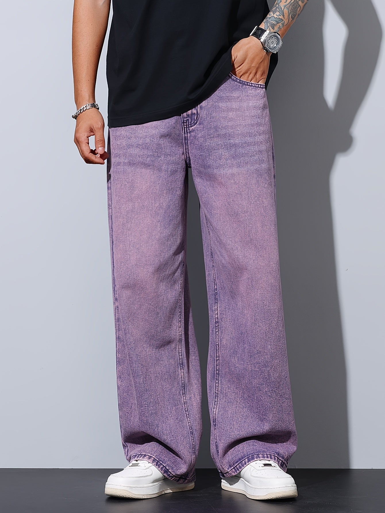 Lencensa - Jean Homme Violet Coupe Large Décontracté