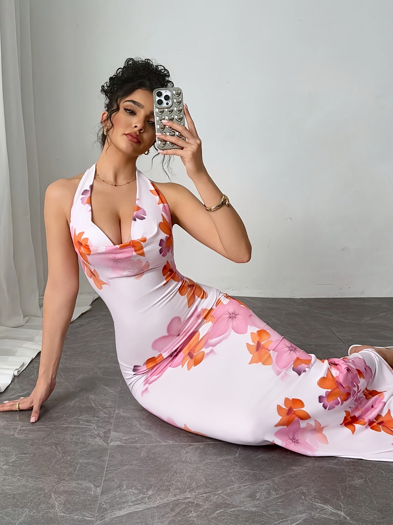 Lencensa - Robe Maxi Sirène Dos Nu Motif Floral