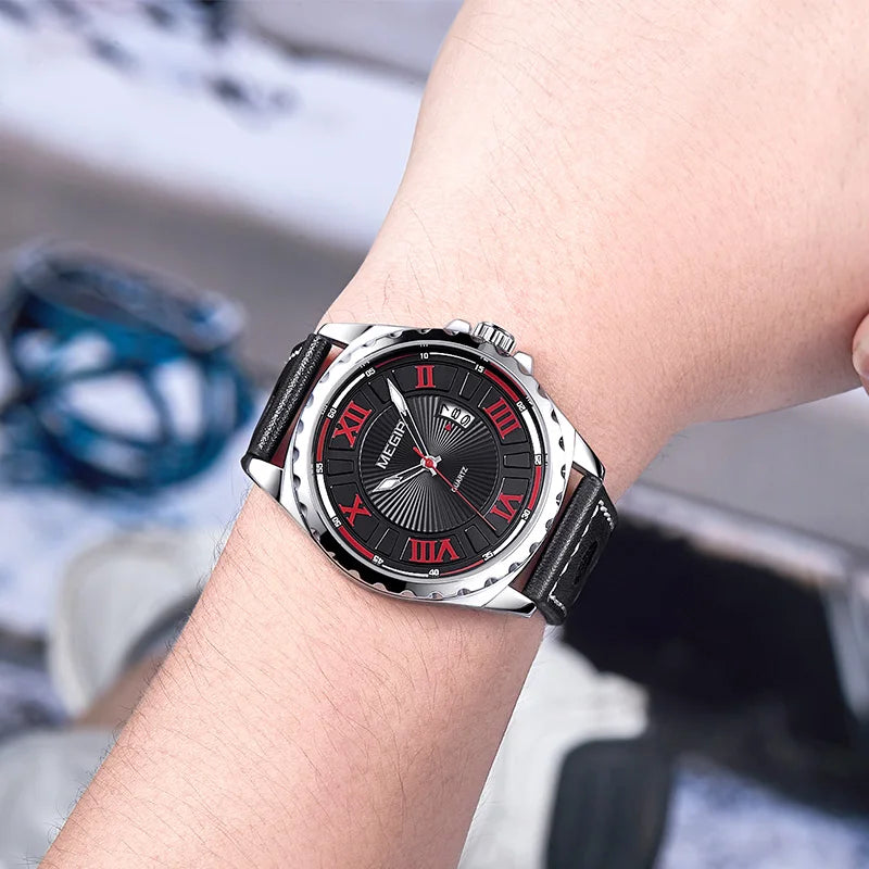 MEGIR 1019 Stylish Sports Watch Genuine Leather Strap Calendar Luminous Hands Waterproof Men Quartz Watches Montre Homme