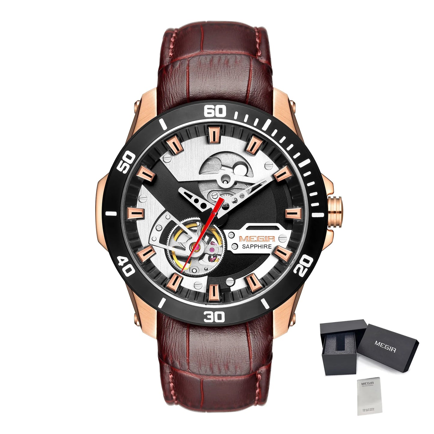 MEGIR 62069 Montre Homme Fashion Leather Watches for Men Sapphire Stainless Steel Automatic Mechanical Watch Sports Watch Clock