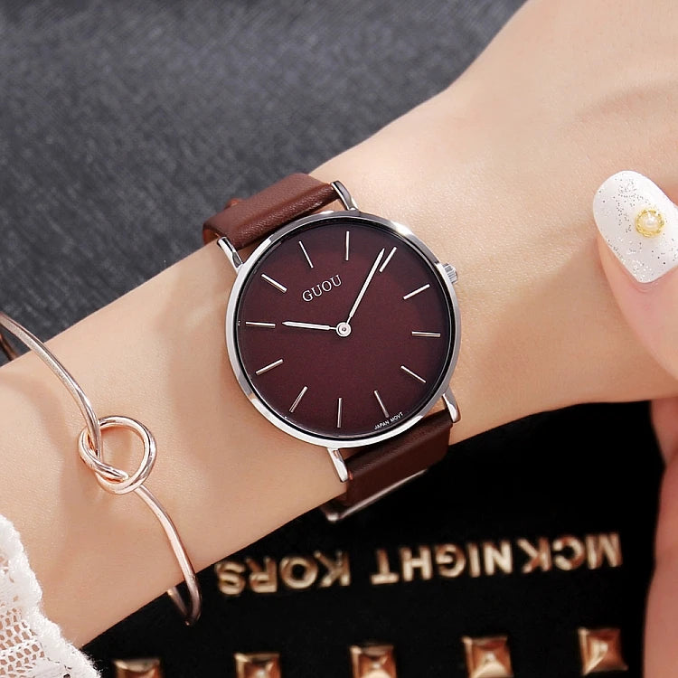 GUOU 6003 Classic Red Female Quartz Watch Latest Genuine Leather Band Elegant Waterproof Nice Minimalist Business Watch Factory