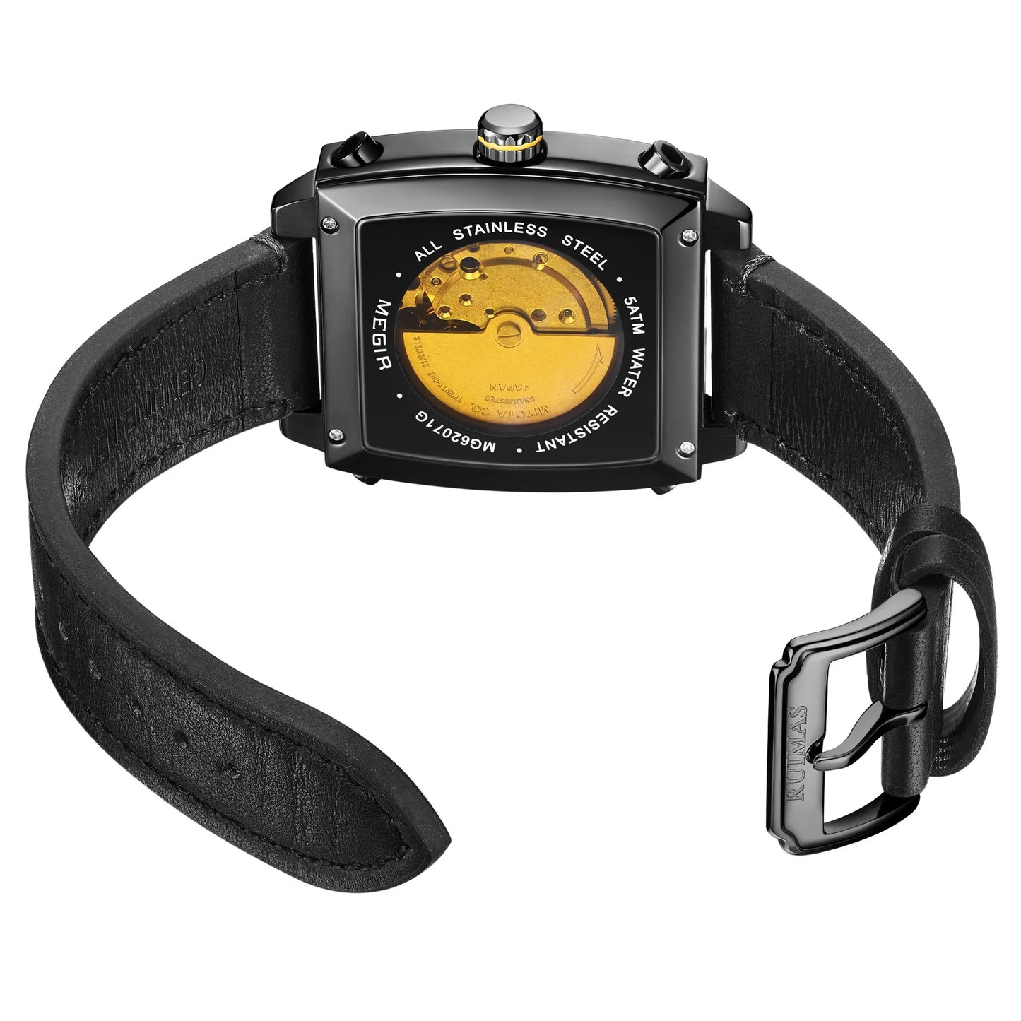 MEGIR 62071 Men's Waterproof Business Casual Leather Strap Automatic Mechanical Watch Tonneau Case Charm Wristwatch Montre Homme