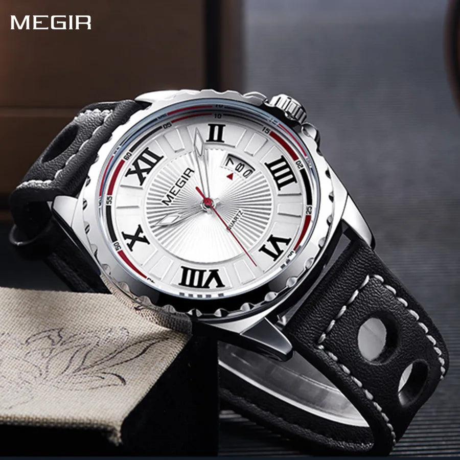 MEGIR 1019 Stylish Sports Watch Genuine Leather Strap Calendar Luminous Hands Waterproof Men Quartz Watches Montre Homme