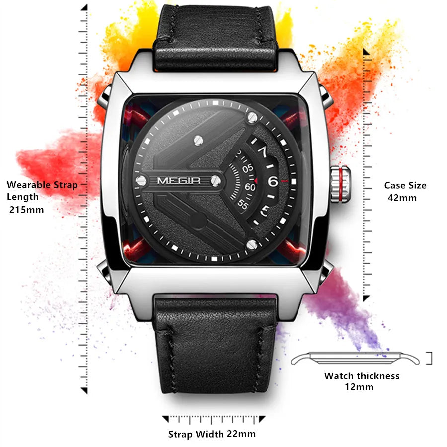MEGIR 62071 Men's Waterproof Business Casual Leather Strap Automatic Mechanical Watch Tonneau Case Charm Wristwatch Montre Homme