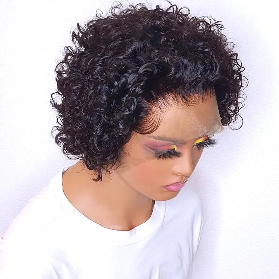 Perruque de cheveux humains courts bouclés coupe lutin perruque bresillienne pas cher Remy cheveux 13X1 perruques de dentelle transparente pour les femmes vente