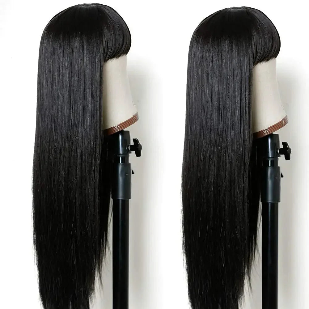 Perruques synthétiques Remy longues et lisses, perruque en Fiber noire naturelle résistante à la chaleur avec frange, pe