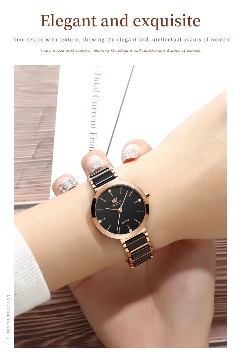 OLEVS-Montre-bracelet de luxe en or rose pour femme, montre-bracelet à quartz pour femme, horloge à bracelet en céramique, mode féminine