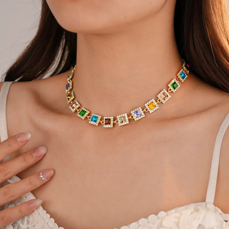 Rotterdam Kly-Collier Ras du Cou avec Strass Colorés, Géométrique, Rond, Carré, Clip, Bijoux de Mariage pour Femme Patiente