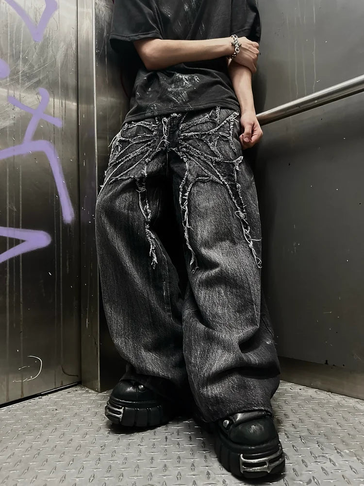 Lencensa - Jean Y2K Phantom Premium | Streetwear Gothique Brodé de Qualité Supérieure