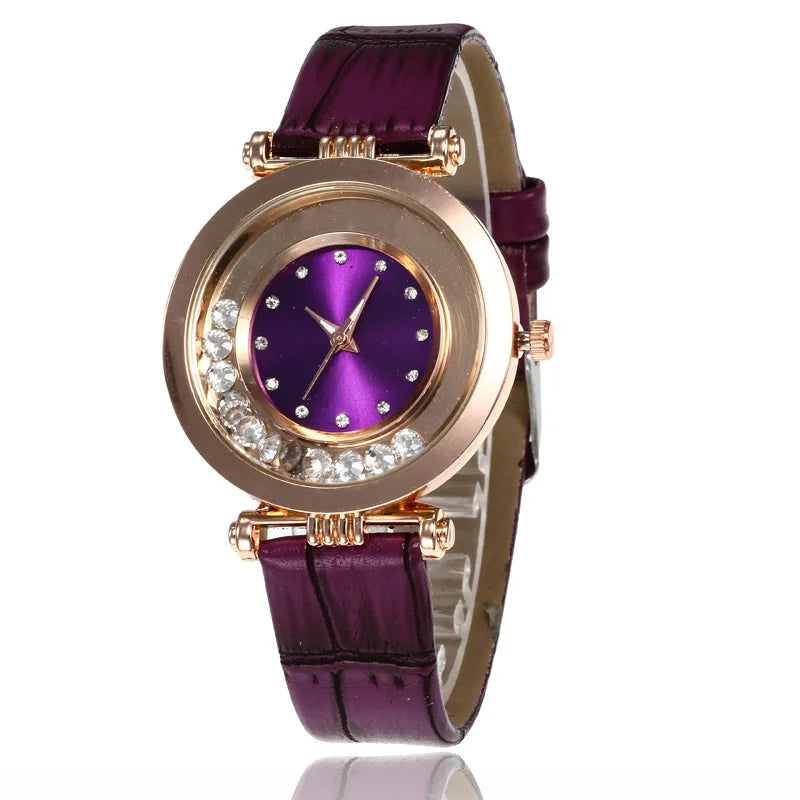 Montre à Quartz Analogique avec Ceinture en Cuir et Diamant pour Femme, Accessoire de Luxe