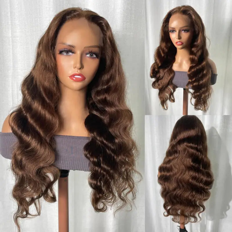 Perruque Lace Front Wig Body Wave brésilienne transparente HD, brun chocolat, brun foncé, 13x4, 28 ", 30", pre-plucked