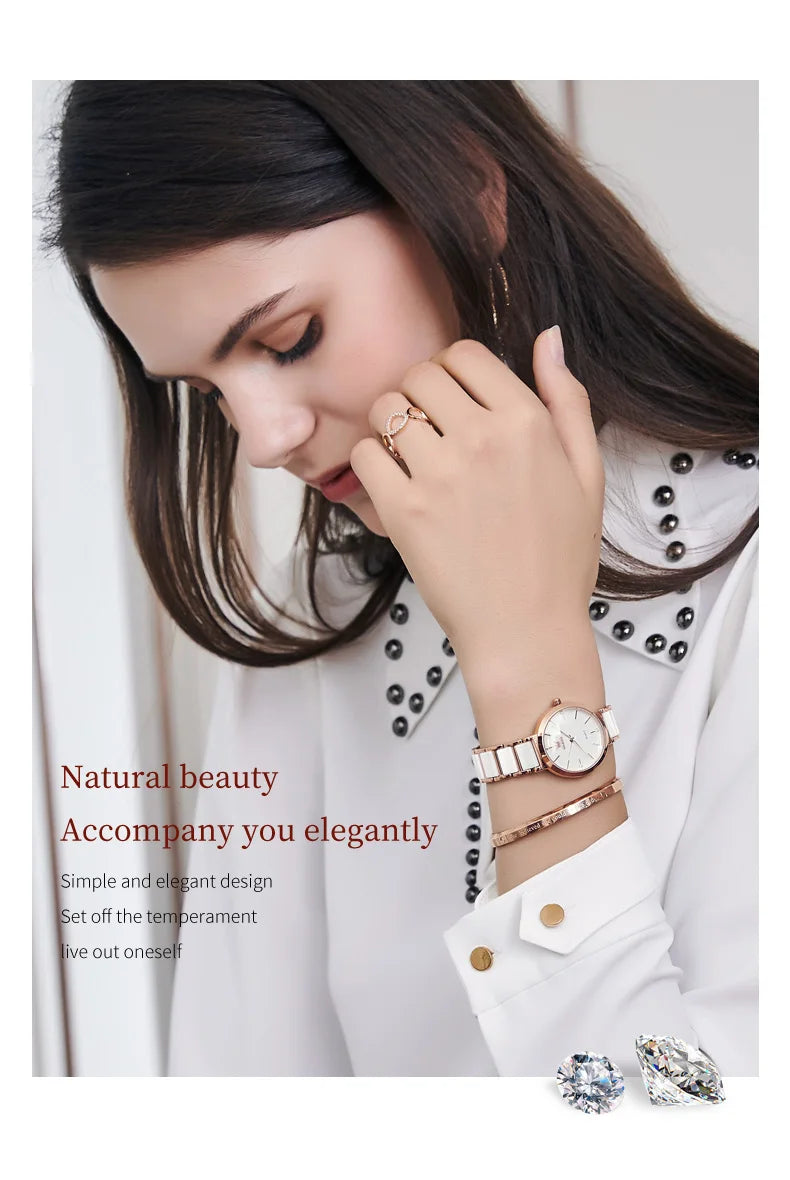 OLEVS-Montre-bracelet de luxe en or rose pour femme, montre-bracelet à quartz pour femme, horloge à bracelet en céramique, mode féminine