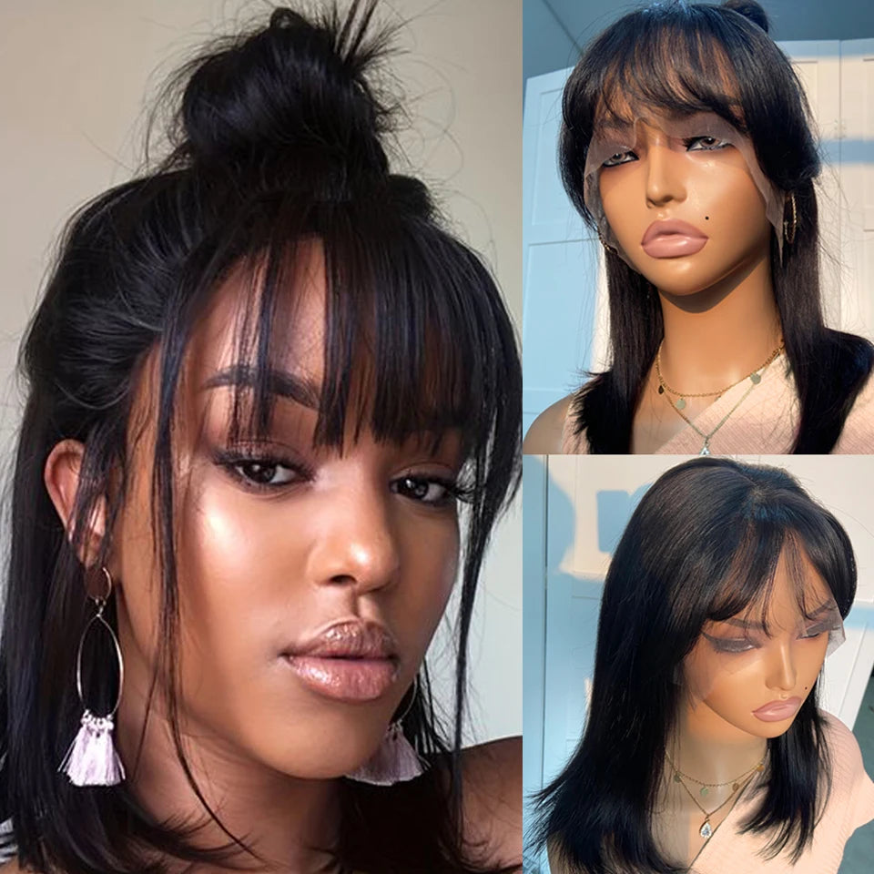 Perruque Bob Lace Front Wig naturelle péruvienne, cheveux courts et lisses, avec frange, cheveux Remy brésiliens, partie facile, pour femmes