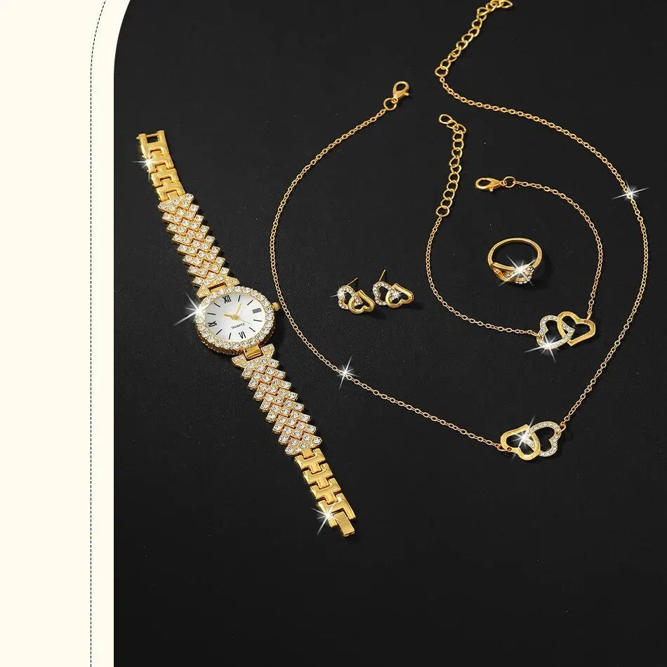 Ensemble de montre-bracelet à quartz pour femme, horloge pour femme, cadran romain, design de marque de luxe, décontracté, 6 pièces