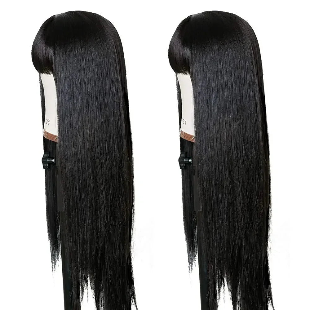 Perruques synthétiques Remy longues et lisses, perruque en Fiber noire naturelle résistante à la chaleur avec frange, pe