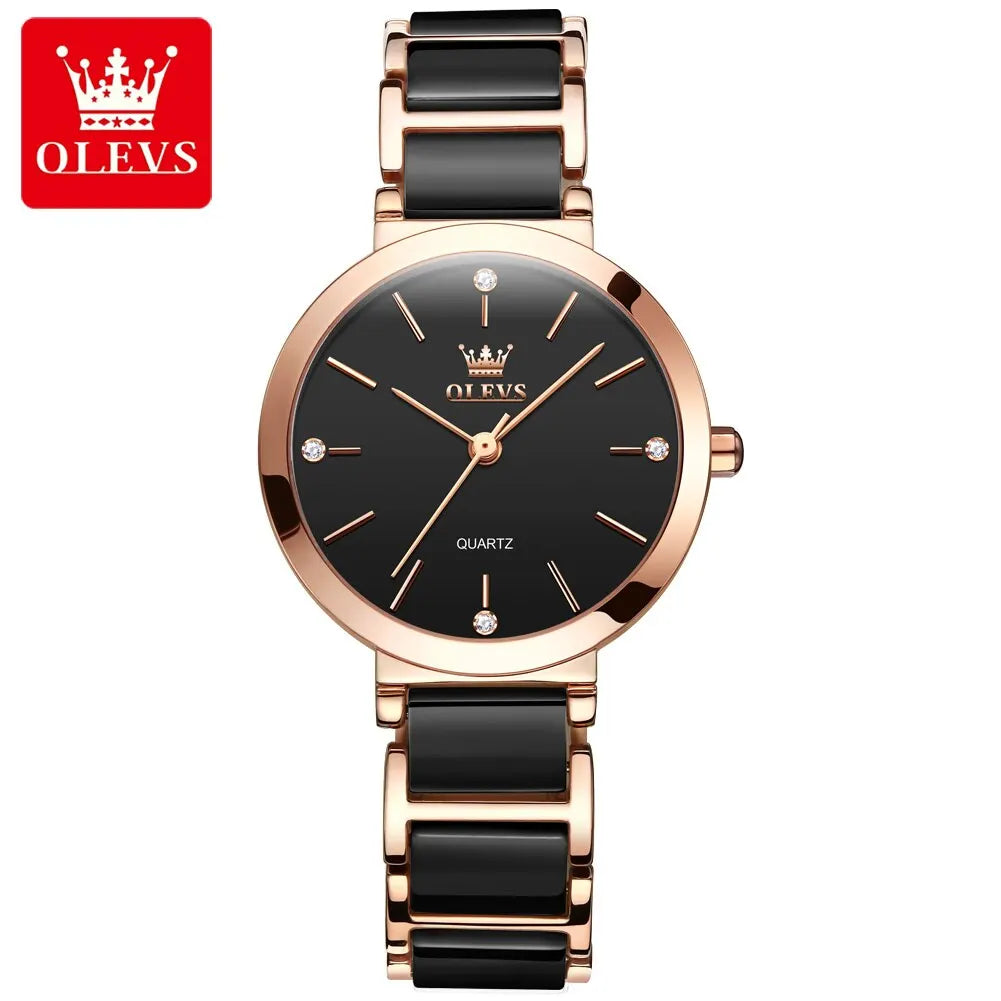 OLEVS-Montre-bracelet de luxe en or rose pour femme, montre-bracelet à quartz pour femme, horloge à bracelet en céramique, mode féminine
