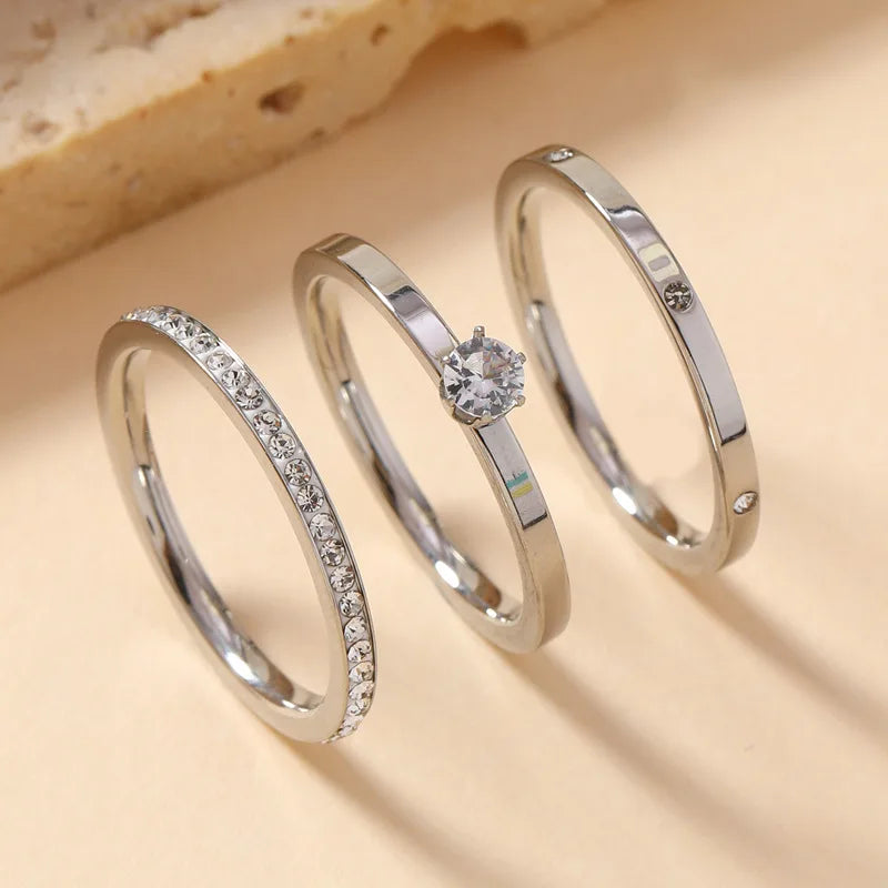 Bague de luxe en acier inoxydable pour femmes, ensemble de trois pièces en Zircon, accessoire de doigt classique à la mode, bijoux cadeaux féminins