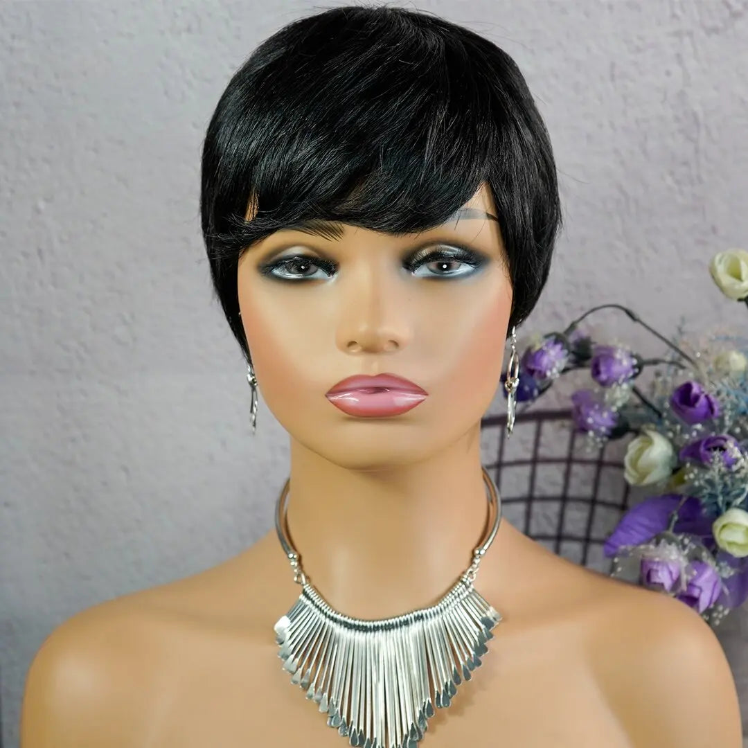 Perruque Naturelle Courte avec Frange pour Femme Noire, Cheveux Lisses, Coupe Pixie, Faite à la Machine, Bon Marché