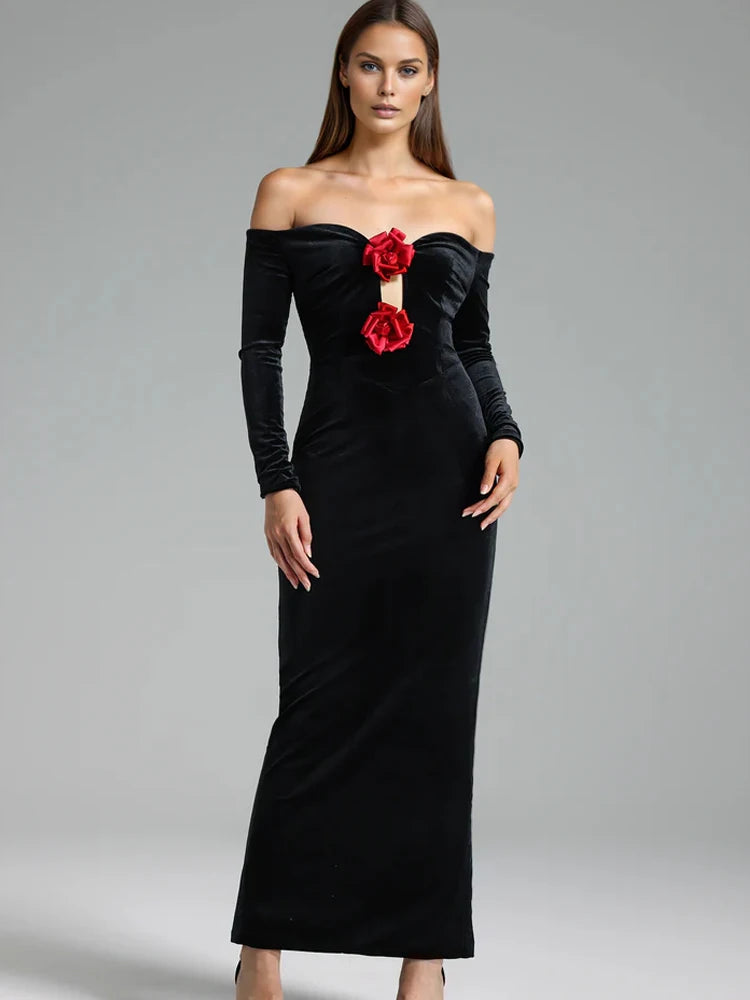 Robe de Soirée Lencensa - Velours Noir Épaules Dénudées avec Roses Rouges