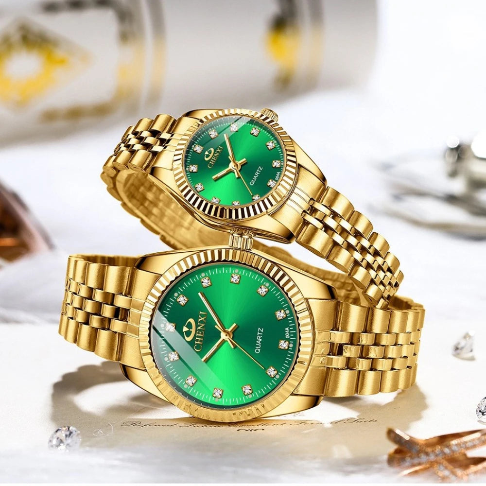 CHENghts-Montre de couple à quartz en acier inoxydable doré pour femme, horloge de luxe