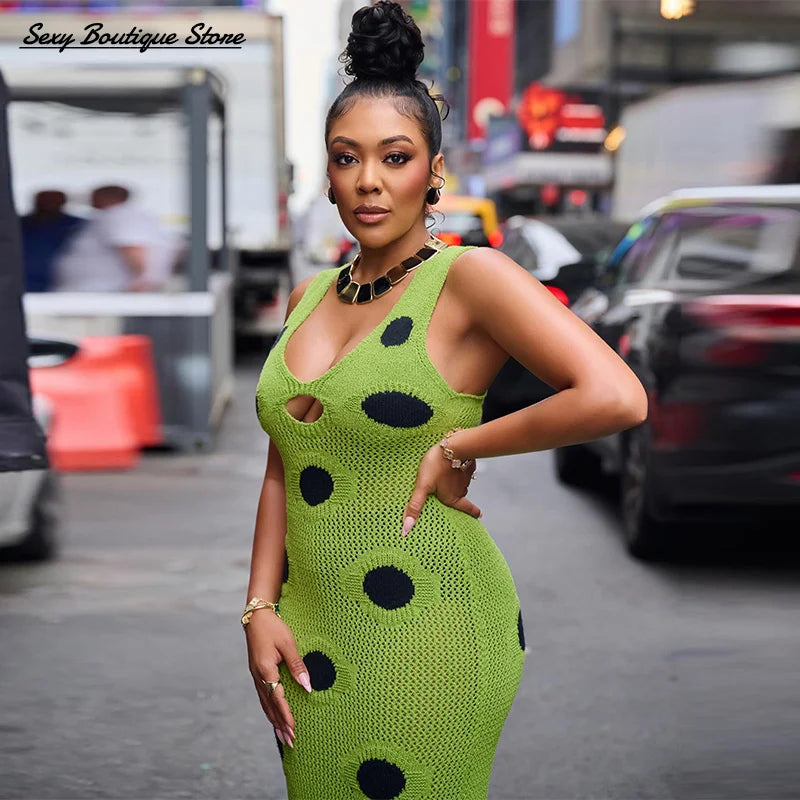 Femmes Sexy voir à travers tricoté Maxi robe évider col profond Pot Robes gland ourlet fourchette fête robes 2025 nouvelle dame Club robe