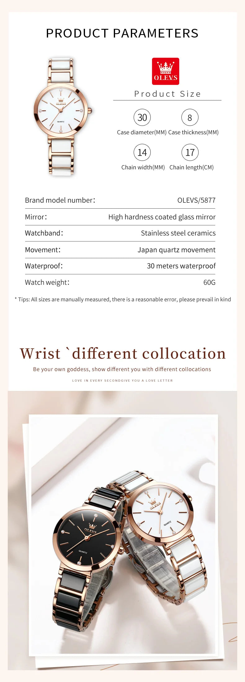 OLEVS-Montre-bracelet de luxe en or rose pour femme, montre-bracelet à quartz pour femme, horloge à bracelet en céramique, mode féminine