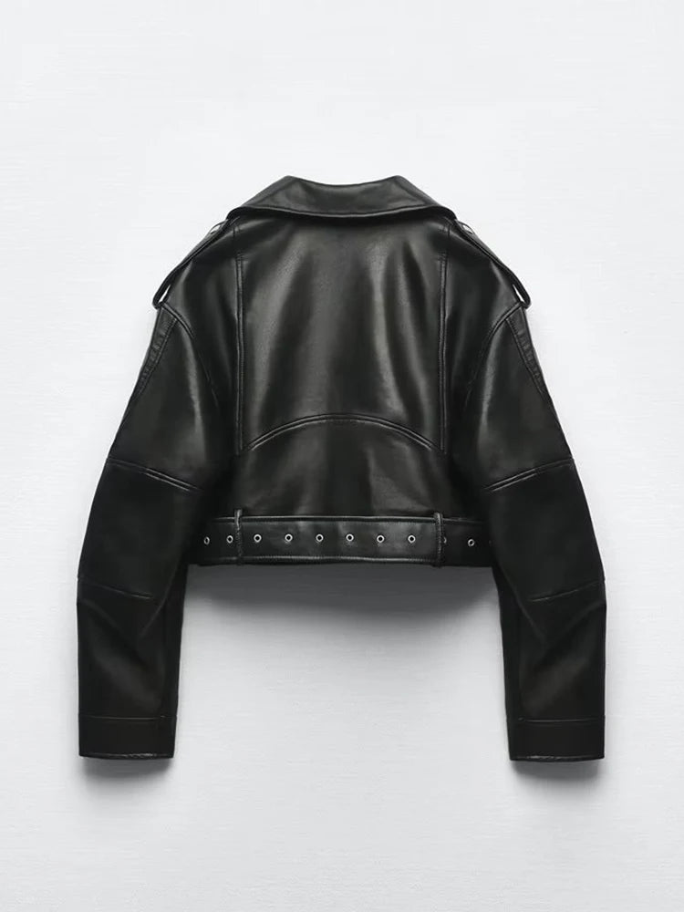 Veste Femme en Faux Cuir avec Ceinture - Style Motard Printemps Automne