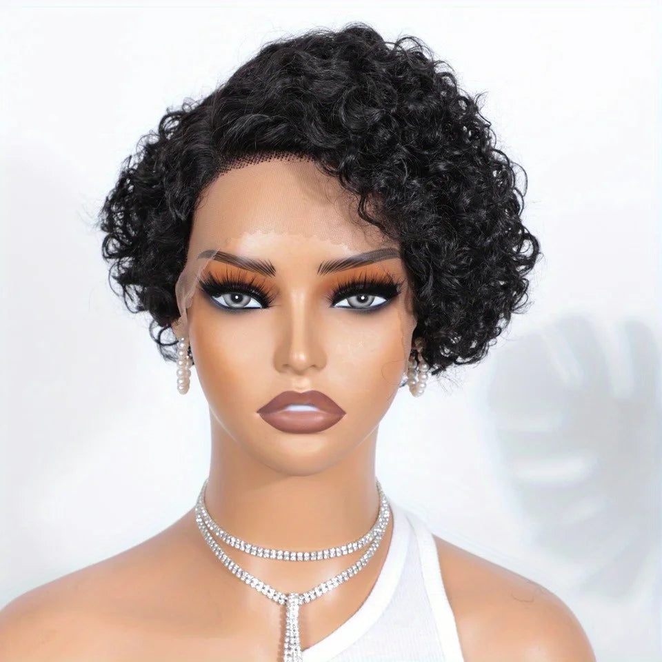Cheveux brésiliens coupe lutin courte bouclée Bob perruque 13x6x1 t-lace avant perruque de cheveux humains profond bouclés Transparent dentelle partie perruques pour les femmes