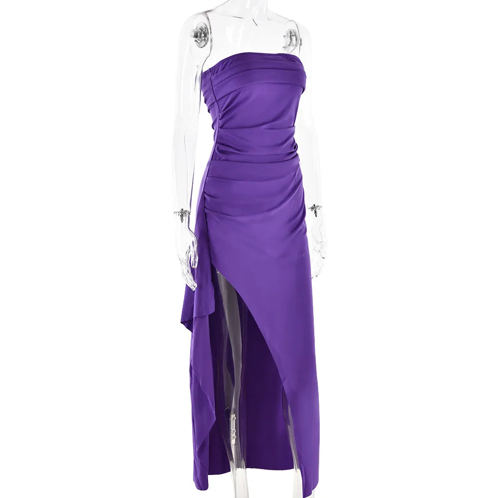 Robe Maxi fendue, épaules dénudées, élégante, taille haute, tenue de Club pour femmes, Sexy, sans bretelles, robe froncée